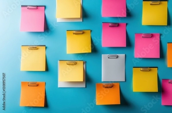 Fototapeta Colorful sticky notes on a blue background. Perfect for planning or reminders.
