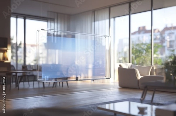 Fototapeta Sleek, transparent TV screen in a modern living room, showcasing a cityscape view. Minimalist design with natural light.