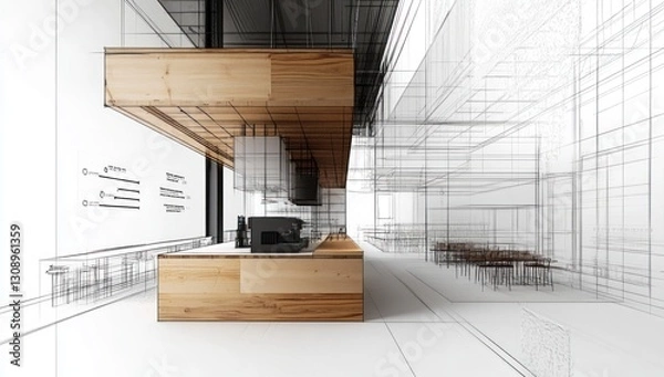 Obraz Modern cafe interior design, architectural blueprint overlay.