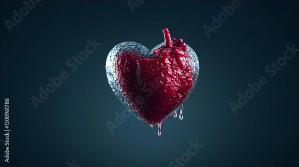 Fototapeta Abstract Heart Shaped Structure with Red Liquid Flowing Against Dark Blue Background