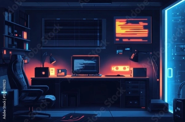 Fototapeta Neon-lit programmer's workspace at night.  A dark room, glowing screen, and comfortable chair create a focused atmosphere.