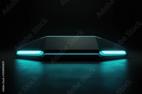 Fototapeta Futuristic platform with cyan neon lights. Sleek, dark design, perfect for product display or sci-fi backgrounds.
