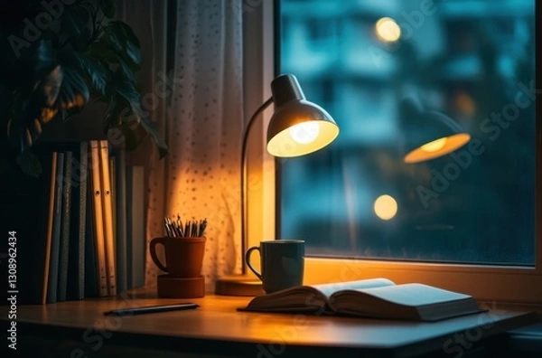 Fototapeta Warm light illuminates a cozy workspace at night. An open book, mug, and desk lamp create a tranquil study atmosphere.