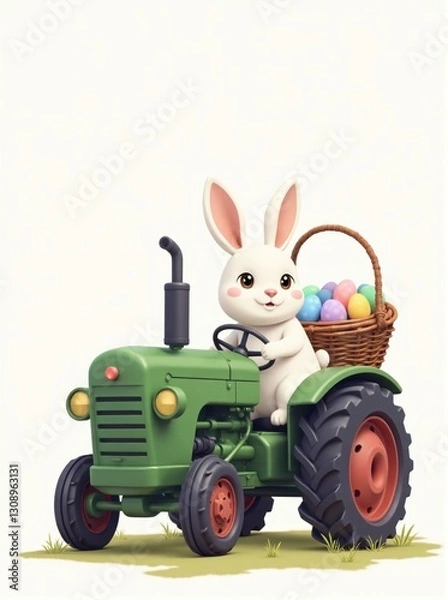 Fototapeta White Rabbit Driving Green Toy Tractor with Easter Eggs
