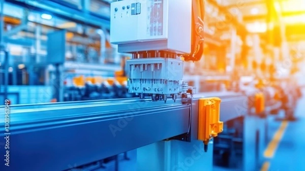 Fototapeta A close-up of a modern injection molding machine in a plastic factory.