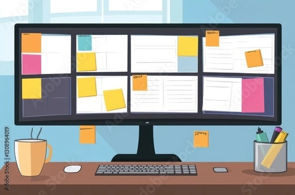 Fototapeta Organized workspace with a large monitor displaying multiple documents and sticky notes. A mug of coffee sits on the desk.