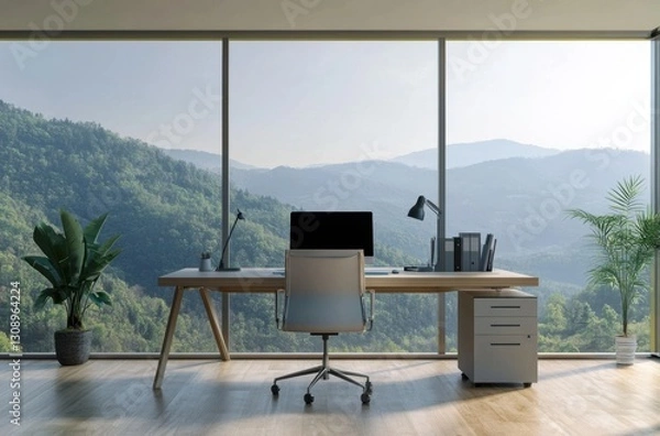 Fototapeta Modern home office with a stunning mountain view. The minimalist workspace features a light wood desk and comfortable chair, creating a serene and productive environment.