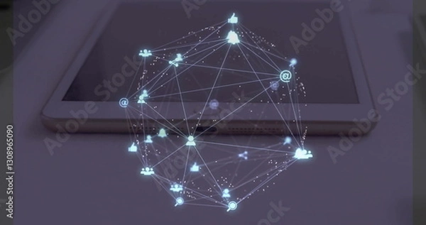Obraz Image of network of connections with icons over tablet