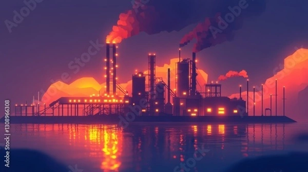 Fototapeta A high-tech black factory glowing under artificial lighting at night.