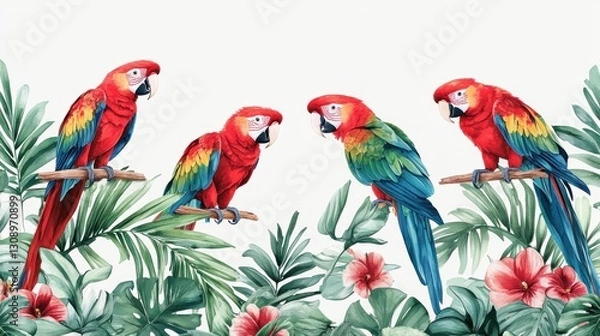 Fototapeta Tropical parrots on branch, hibiscus, palm leaves.  Perfect for textile print