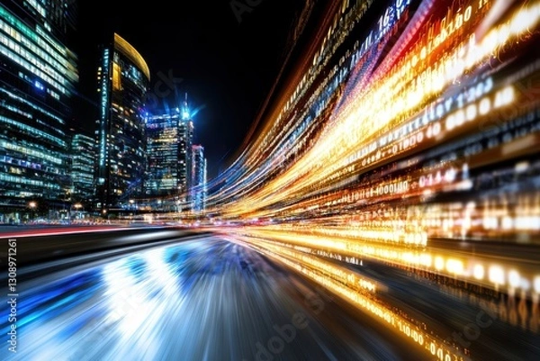 Fototapeta A City skyline at night with vibrant light trails and motion blur, showcasing urban energy and technology. illuminated buildings reflect modern metropolis