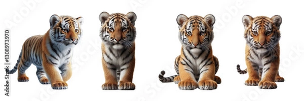 Fototapeta Four adorable tiger cubs are captured in various playful poses, showcasing their distinctive stripes and curious expressions in a bright setting