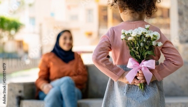 Obraz little girl standing in front of her mother with headscarf and hiding bouquet of flowers with pink bow behind her back