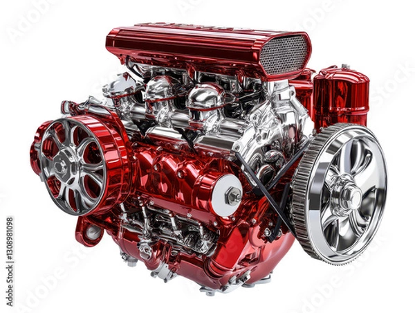 Fototapeta Isolated Glossy Red and Chrome Car Engine