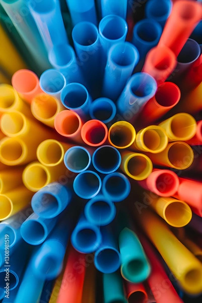 Fototapeta Bright Multicolored Plastic Drinking Straws Arranged in a Radial Pattern