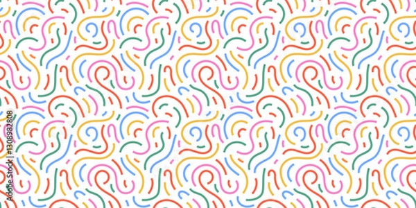 Fototapeta Fun colorful line doodle seamless pattern. Creative minimalist style art background for children or trendy design with basic shapes. Simple childish scribble backdrop. Vector stock background