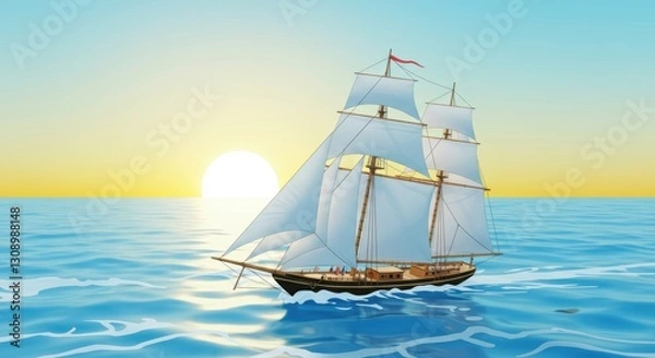 Fototapeta Majestic sailing ship at sunrise on calm ocean waves