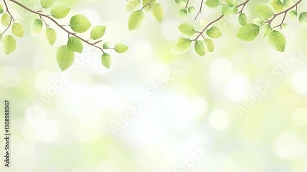 Fototapeta Bright Green Leaves and Branches on Soft Light Background