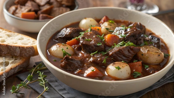 Obraz Authentic Beef Bourguignon – Red Wine Stew with Vegetables