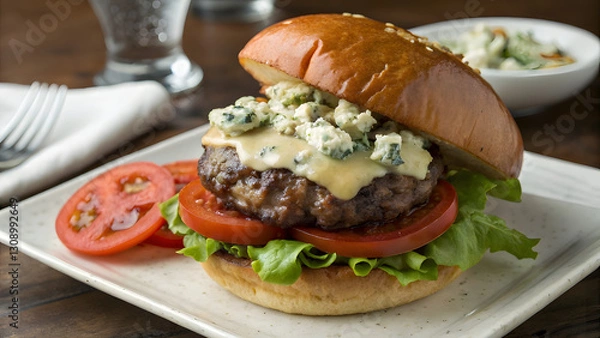 Obraz Gourmet Blue Cheese Burger – Juicy Beef with Crunchy Toppings