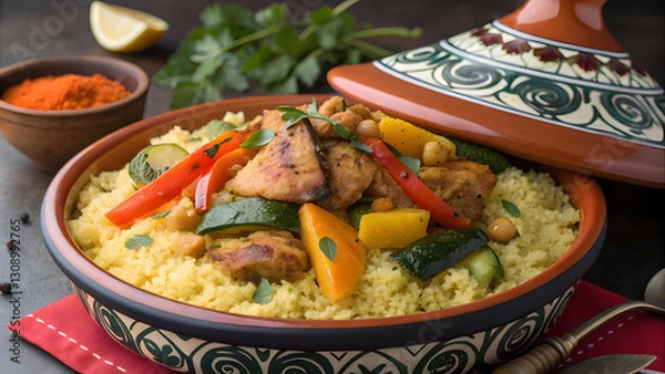 Obraz Moroccan Couscous Royal – Spiced Feast with Meat & Vegetables