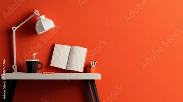 Fototapeta Cozy Workspace with Lamp Book and Coffee Cup Creating Focused Atmosphere