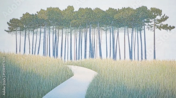 Fototapeta Serene Pathway Through Lush Green Grass and Tall Trees