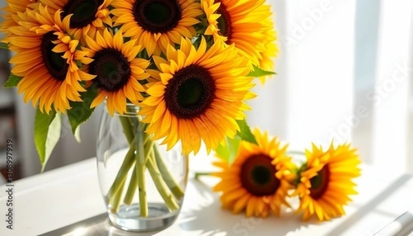 Fototapeta Sunflower Bouquet in Glass Vase on White Table with Sunlight and Blurred Background