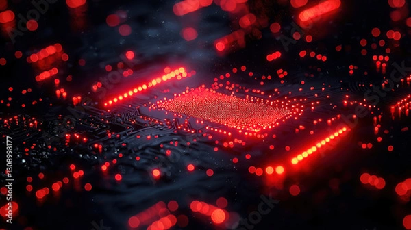 Fototapeta Exploration of glowing circuit board with vibrant red lights during nighttime setup for digital technology. Generative AI