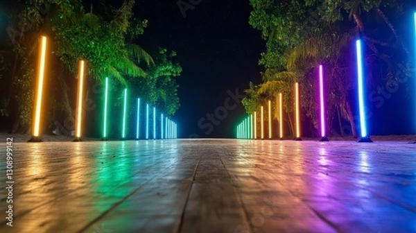 Fototapeta Vibrant Illuminated Pathway with Colorful Neon Lights at Night