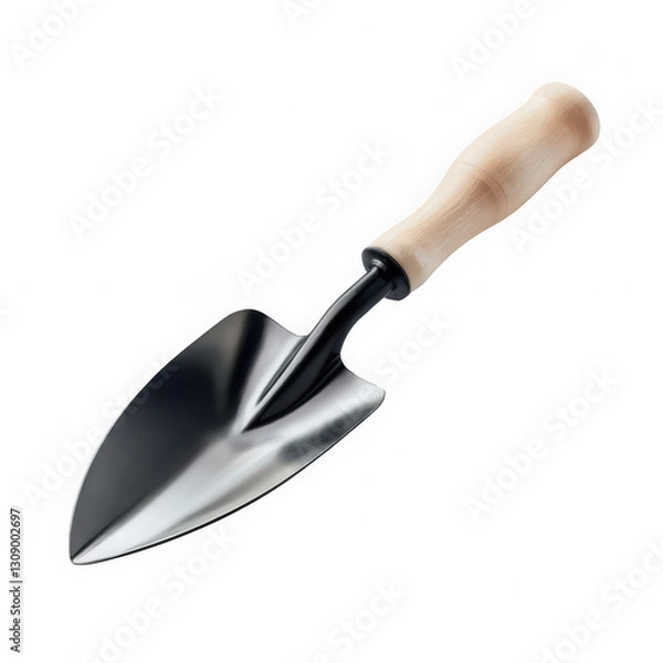 Fototapeta Minimalistic garden trowel with a smooth wooden handle and a polished silver blade, ideal for gardening and planting tasks. Isolated on transparent background, PNG.