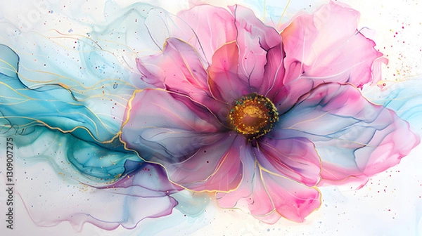 Obraz Alcohol ink painting with thin gold or silver leafing, featuring pink and blue tones in an elegant fluid abstract artwork.