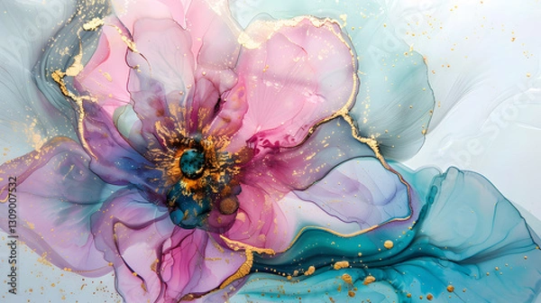 Obraz Alcohol ink painting with thin gold or silver leafing, featuring pink and blue tones in an elegant fluid abstract artwork.