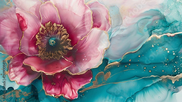 Obraz Alcohol ink artwork with thin gold or silver leafing, blending pink and blue hues to create a stunning abstract composition.
