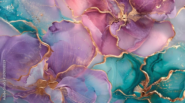 Obraz Alcohol ink artwork with thin gold or silver leafing, blending pink and blue hues to create a stunning abstract composition.