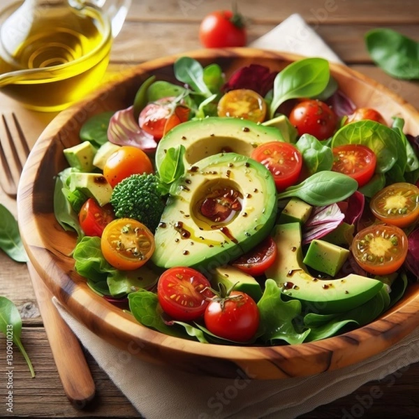 Fototapeta A colorful salad composed of fresh greens ripe cherry tomatoes c
