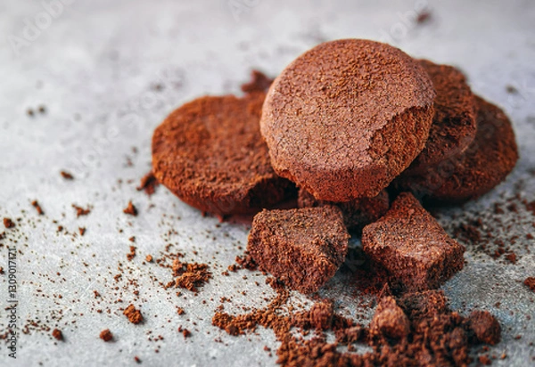 Fototapeta Close-up of coffee grounds from espresso machine. coffee ground on gray background