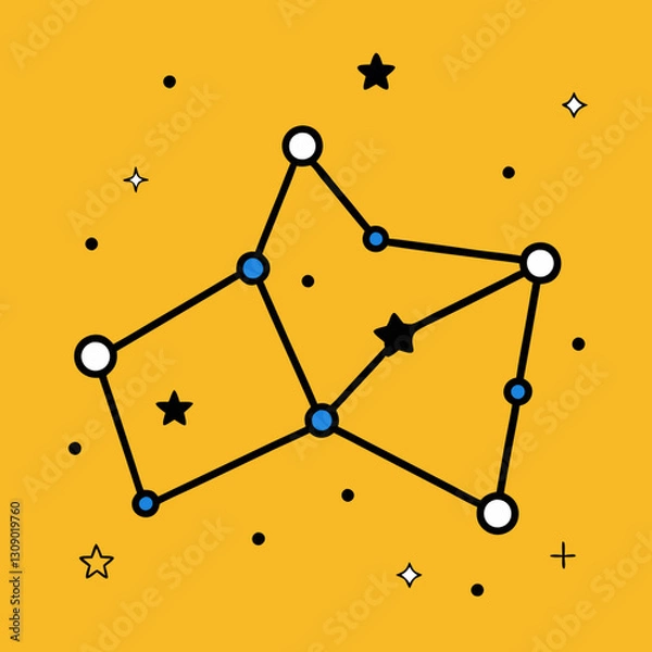 Fototapeta Black and Blue Constellation on Yellow Background Vector, A vector illustration of a black and blue constellation with various stars, set against a yellow cosmic background.
