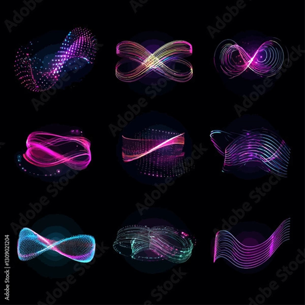 Obraz Glowing Infinity Symbols on Black Background, Abstract Data Design