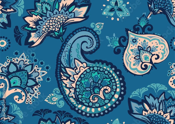 Fototapeta Seamless paisley pattern in Oriental style with floral and ethnic motifs for printed fabric, wallpaper, and packaging