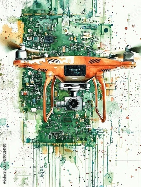 Fototapeta A vibrant orange drone hovering over an intricate circuit board, merging technology and creativity in a stunning visual.