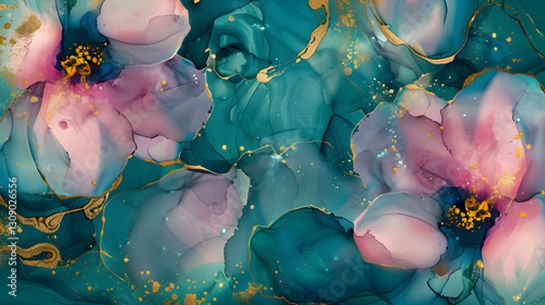 Obraz Alcohol ink artwork with thin gold or silver leafing, blending pink and blue hues to create a stunning abstract composition.