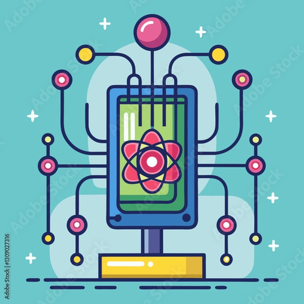 Fototapeta Quantum computer vector illustration with atomic elements, A colorful vector illustration of a quantum computer with connected lines, atomic symbols, and energy elements, set against a teal background