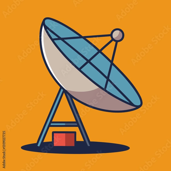 Fototapeta Satellite dish vector illustration on orange background, A vector illustration of a satellite dish with a blue color and a red base on an orange background.

