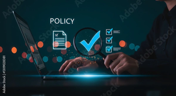Obraz Compliance Audit and Policy Validation concept .Company Association Terms ,regulation rules and Condition ,Practices and policies using checkboxes ,Planning Review monitoring process ,Risk ,Trust .