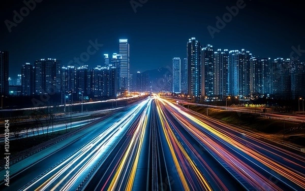 Fototapeta Fast moving highway at night with abstract tech icons superimposed on