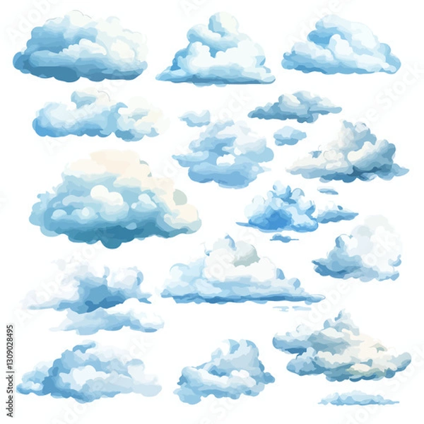 Obraz Watercolor cloud illustrations set on a white background for design elements.