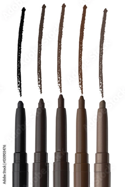 Fototapeta Cosmetic eyebrow pencils with color stroke samples, five different colors of beauty product isolated on white background, clipping paths included