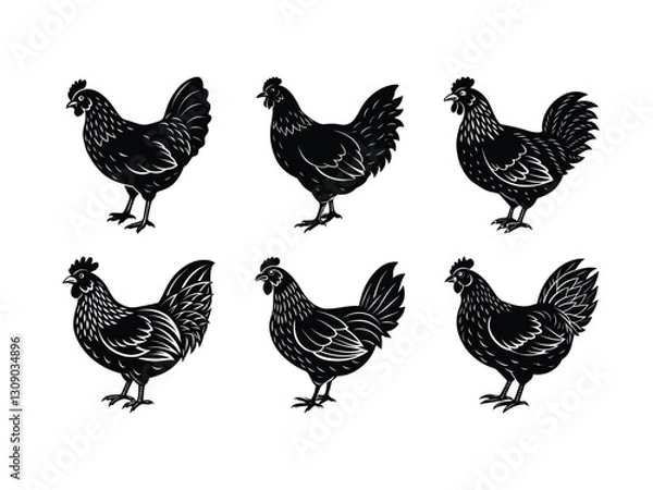 Fototapeta Various chicken and rooster illustrations in standing position silhouette isolated on white background
