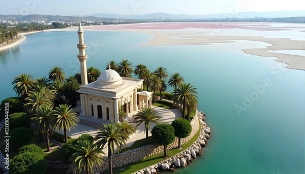 Fototapeta An awe-inspiring aerial perspective of Hala Sultan Tekke mosque and its surrounding landscape in Larnaca, Cyprus. The image captures the full beauty of the ancient Islamic shrine,